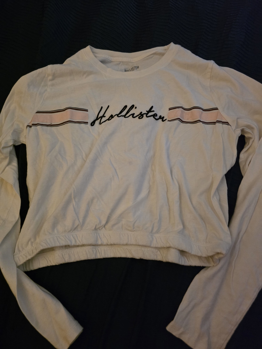 Hollister White & Pink Logo Cropped Long-Sleeve Top